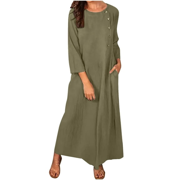 Hueook Winter Dresses for Women 2025 Women's winter Casual Round Neck Solid Half Sleeve Button Long Dresses Khaki 2X