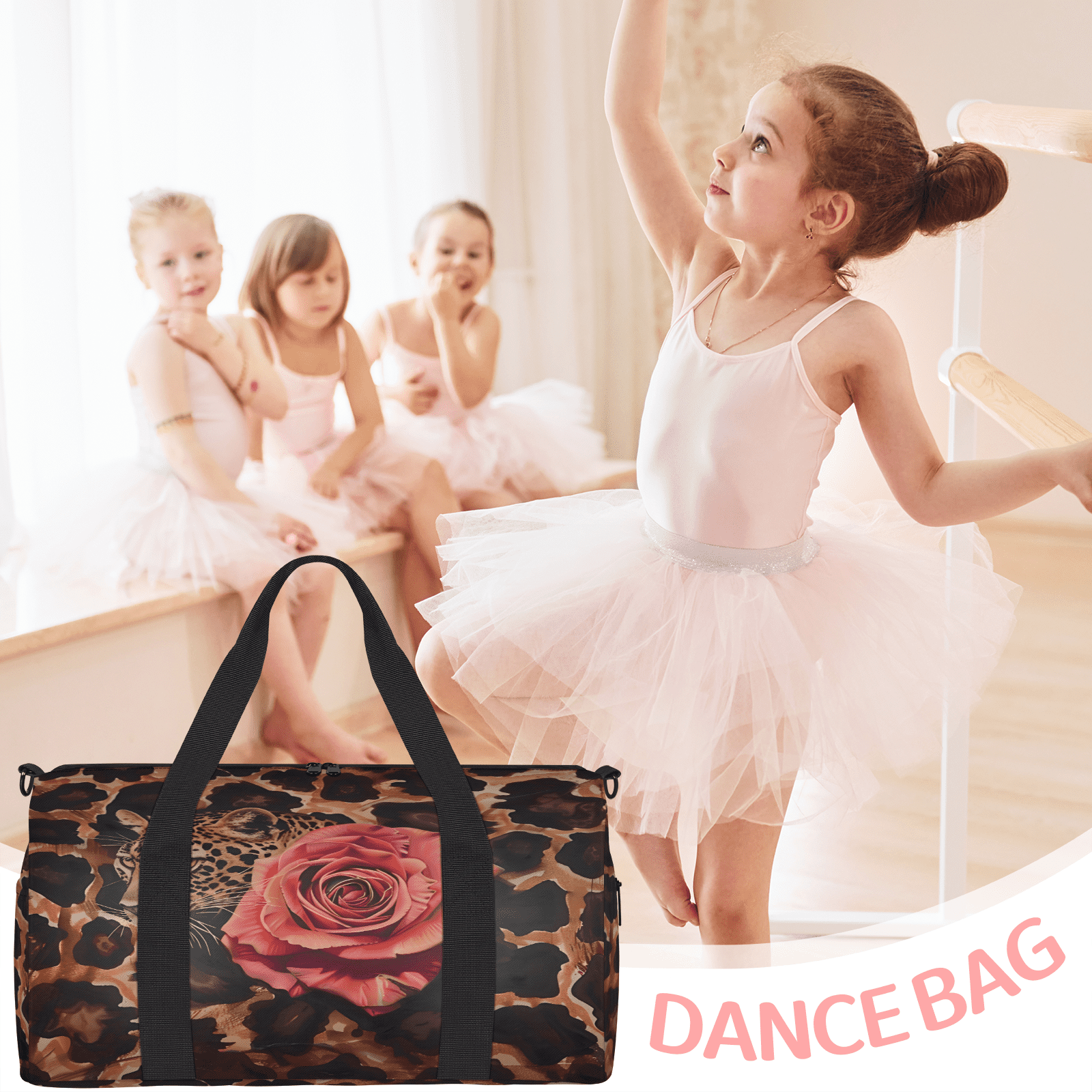 Herdesigns Leopard Print Rose Gym Bag for Women, Duffle Bag for Travel Sport, Lightweight Waterproof Carry on Weekender Overnight Dance Yoga Workout Bags