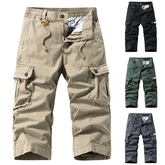 TAGOLD Mens Cargo Capris Pants Elastic Waist Zipper Pocket Knee Length Summer Lightweight Work Pants