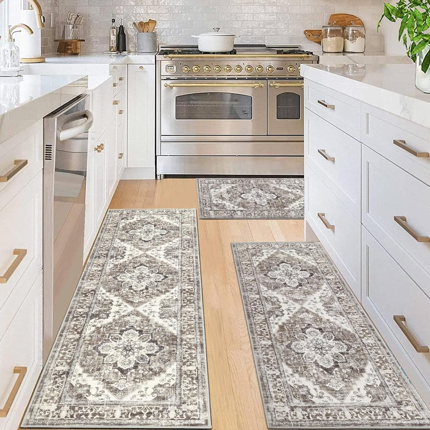 Kitchen Rug and Mat, Yamaziot Boho Kitchen Rug Set of 3, Non Slip Washable Farmhouse Floor Mat Hallway Runner, Laundry Room Carpet