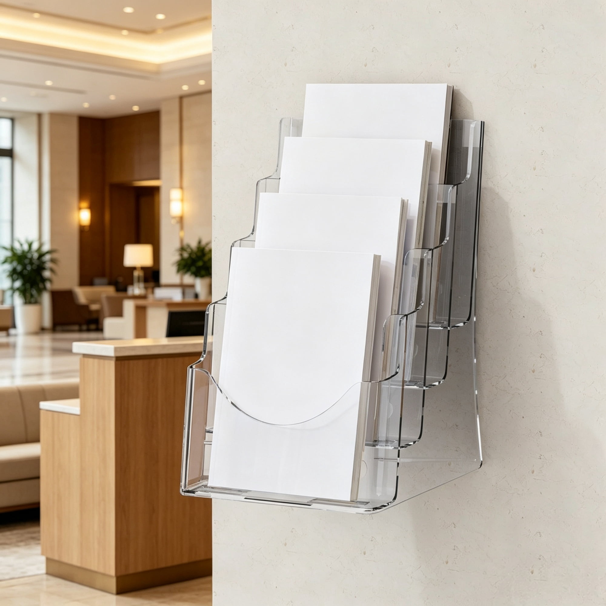 4-Tier Acrylic Brochure Holder 8.5 x 11 Inch, Clear Plastic Literature Display Stand with Removable Divider, Flyer Organizer for Office Exhibition Countertop or Wall Mount