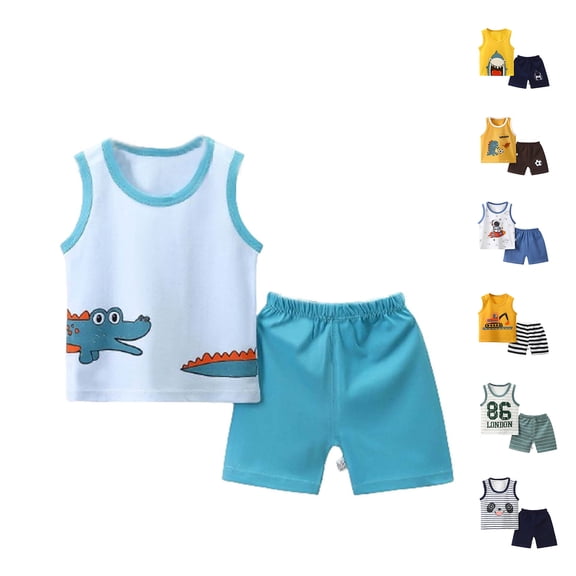 KHJSJOK Boys Toddlers Summer Round Neck Tank Outfits Print Sleeveless Tops and Shorts 2 Piece Suits