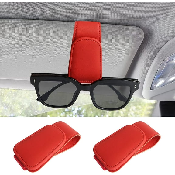 2 Pack Sunglass Holder for Car Visor，Magnetic Leather Sunglasses Clip for Car, Eyeglass Hanger Clip for Car，Car Visor Accessories Suitable for Different Size Eyeglasses (Red)