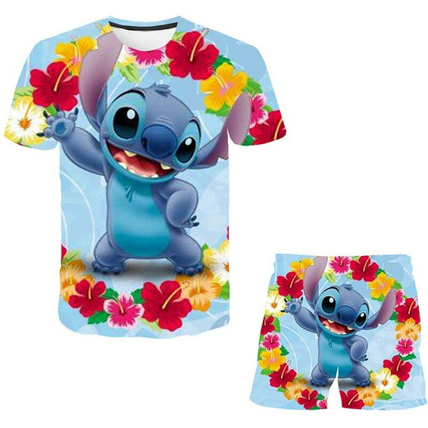 2023 nuevos conjuntos de ropa de punto para niños, camisetas con estampado 3D + Pantalones cortos, 2 uds., trajes para niñas, disfraces de Stich para niñas, trajes 7T Gao Jinjia LED