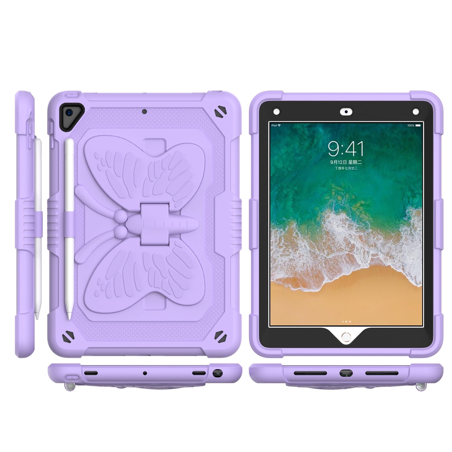 Case For Apple iPad Air (11 inch) 2024 Butterfly Wings Kickstand Tough 3in1 Hybrid with Pencil Holder Rugged Shockproof with Shoulder Strap Tablet Cover [ Purple ]