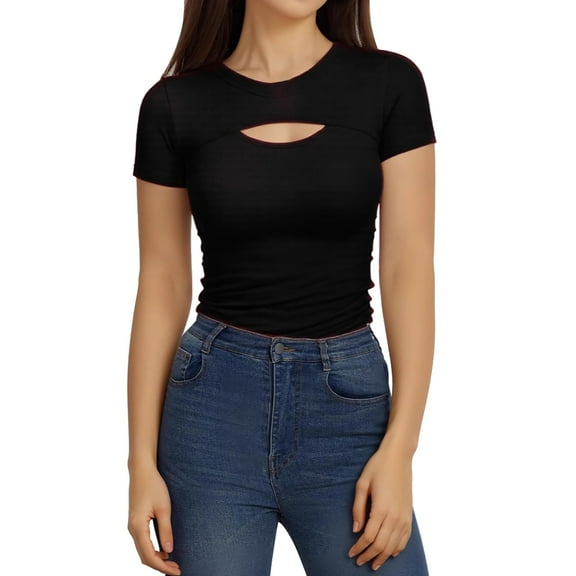 Tittly T Shirts for Women Going Out Tops Women's Cutout Tops Basic Long Sleeve Round Neck Slim Fit T Shirts Spring Tops for Women Tshirts Shirts Black L