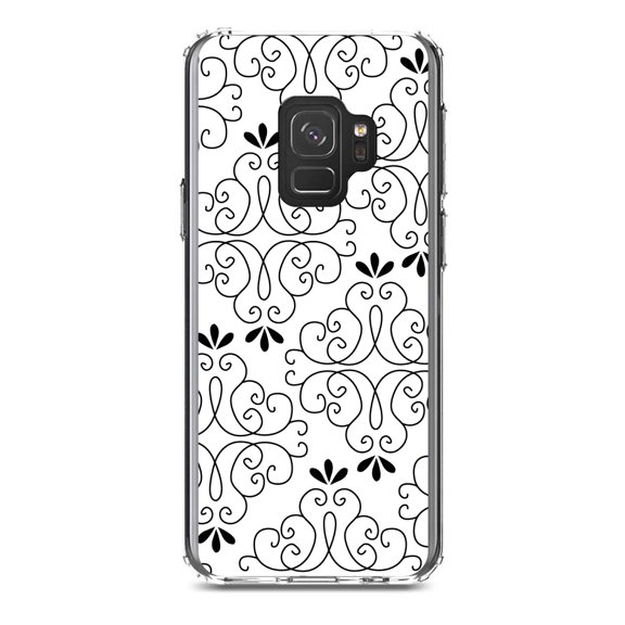DistinctInk Clear Shockproof Hybrid Case for Samsung Galaxy S9 (5.8" Screen) - TPU Bumper, Acrylic Back, Tempered Glass Screen Protector - Black White Floral Pattern