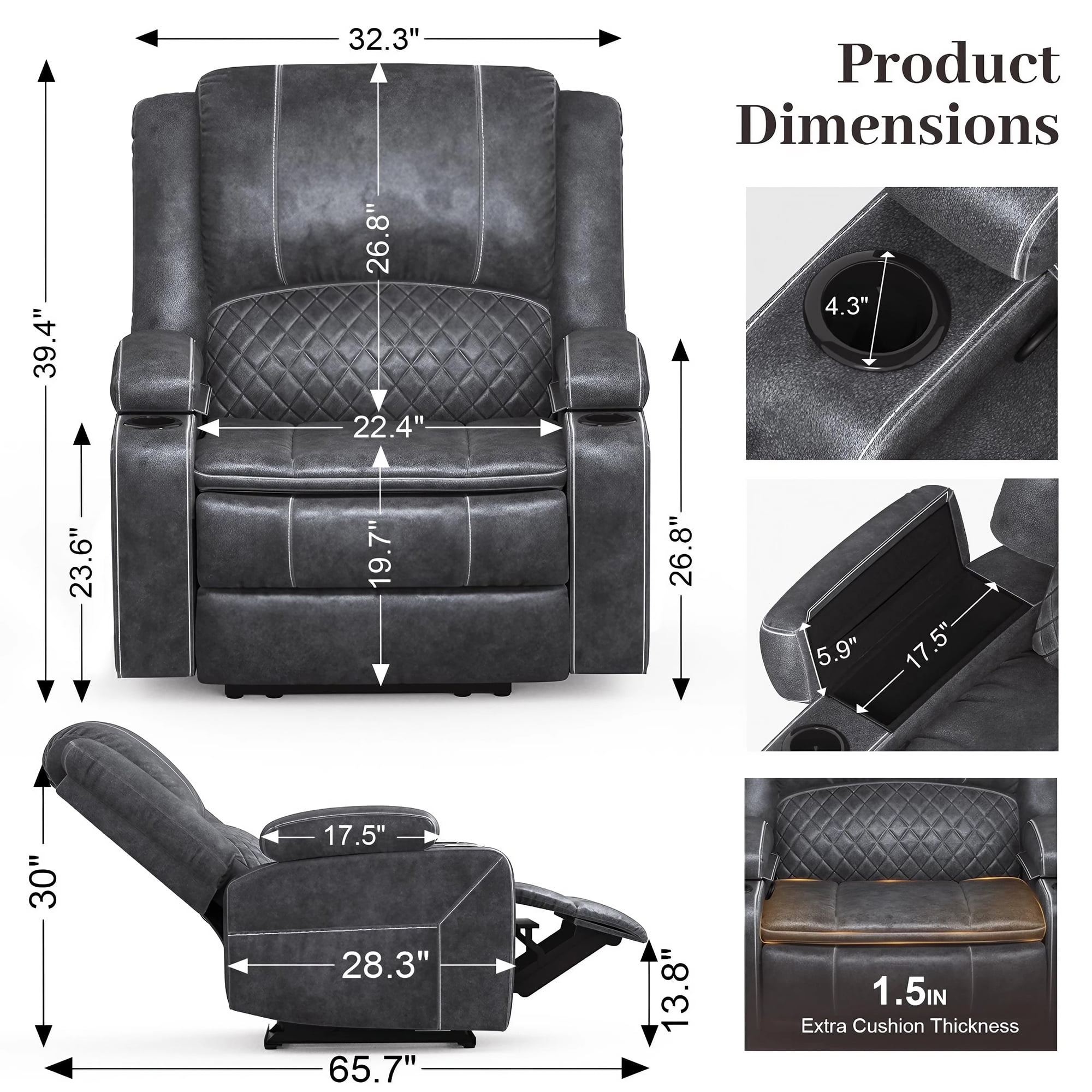 LOBERFVE Recliner for Adults, Oversize Manual Reclining Chairs with 2-Tier Cushions, Faux Leather Recliner Chairs with Hidden Storage Space, Living Room Recliner Chairs with Cup Holders, Gray