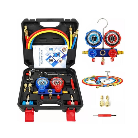 AC R1234YF Gauge Set, Automotive 4 Way R1234yf Refrigerant Recharge Kit, Auto R1234yf R134a Refrigerant Conditioner Recharge Kit, HVAC Gauges with Hoses
