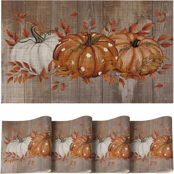 ACDANC 2026 New Wood Pumpkin Leaves Fall Vinyl Placemats Set of 4,Wipeable Woven Pvc Table Mats for Thanksgiving Farmhouse Party Kitchen Dining Decor
