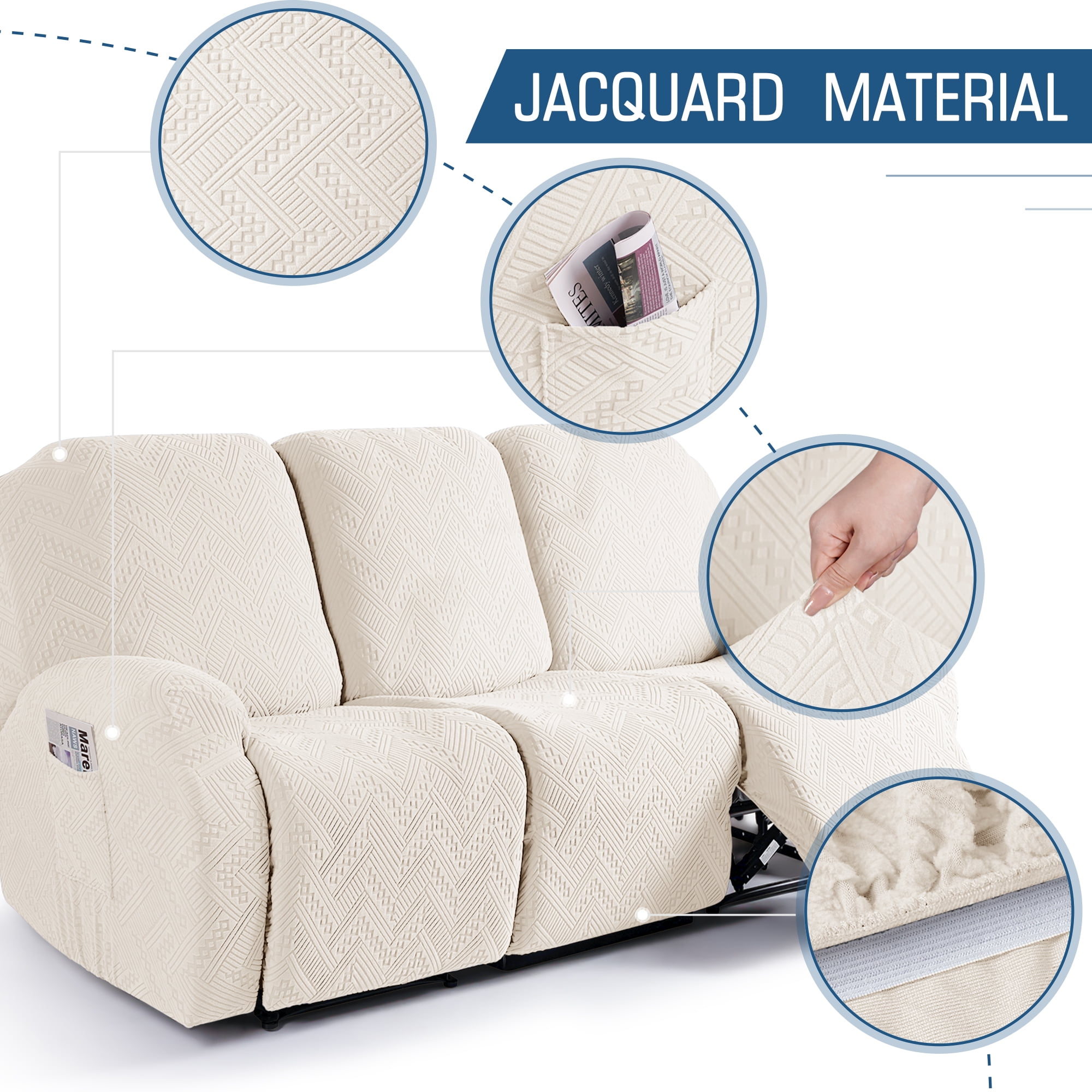 TAOCOCO Recliner 3 Seater Sofa Slipcover Anti-Slip Couch Cover for Reclining Sofa Home Furniture Protector, Beige