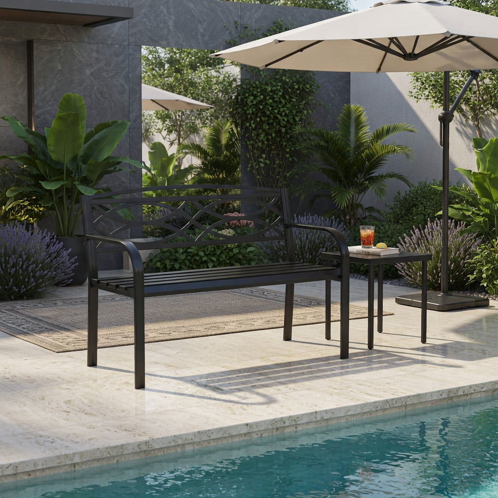 Hommoo Modern Metal Garden Bench with Curved Armrests & Contoured Backrest, Outdoor Patio Bench for Yard, Poolside or Deck, Black