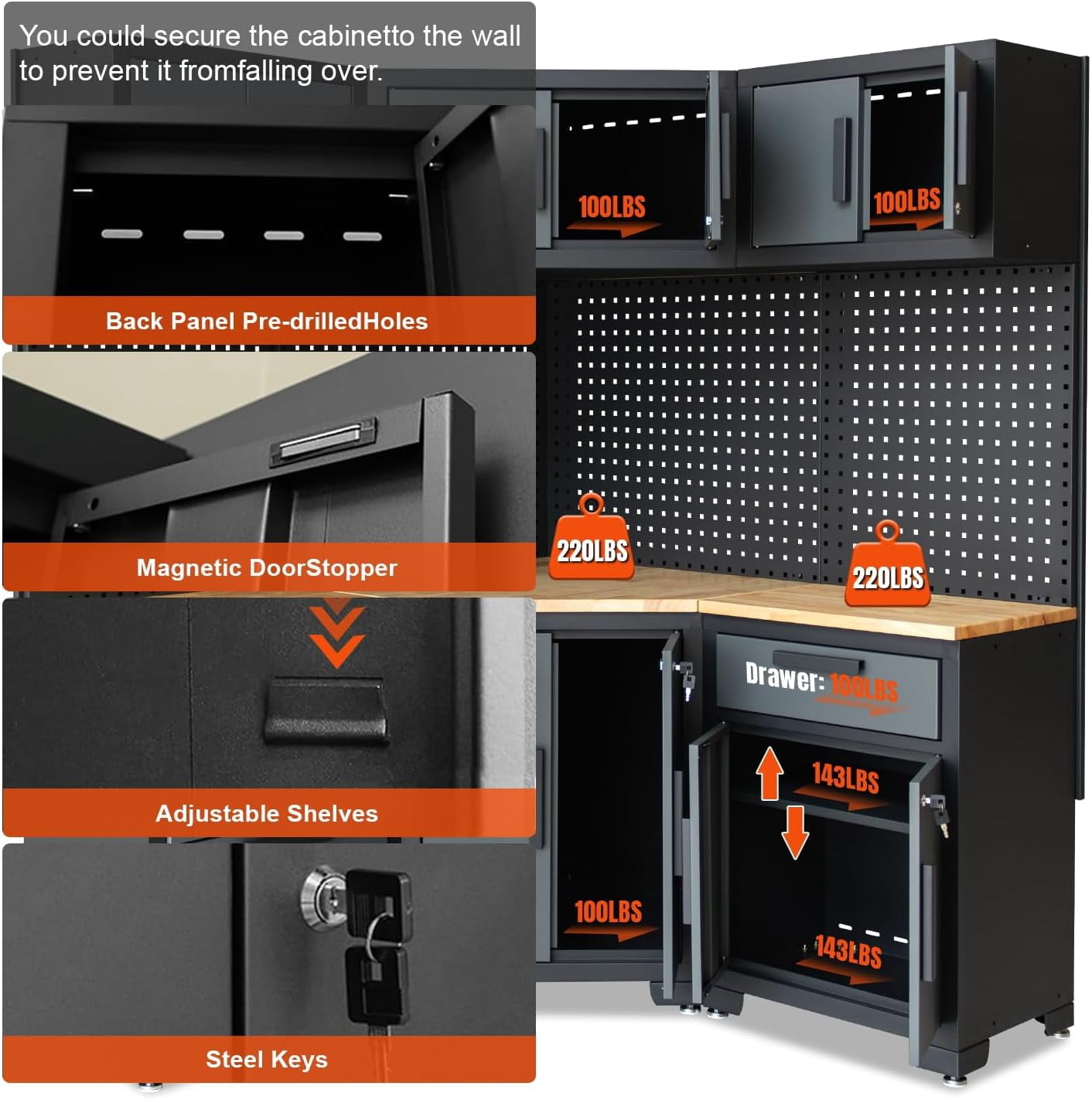 16PCS Garage Storage Cabinet System - Heavy Duty Workshop Set w/Corner Cabinet Includes Workbench, Pegboard & Lockable Drawers | Metal Tool Organization System for Garage/Workshop