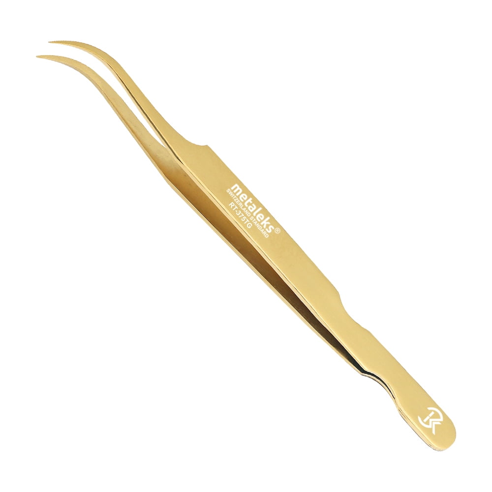 Metaleks 3Pcs Japanese Stainless Steel Tweezers for Eyelash Extension in Golden Titanium Coating with Copper Glitter Magnetic Kit