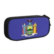 TEQUAN Large Capacity Pencil Case, New York Usa State Flag Pattern Pencil Pouch 2 Compartments Pencil Bag (Black)