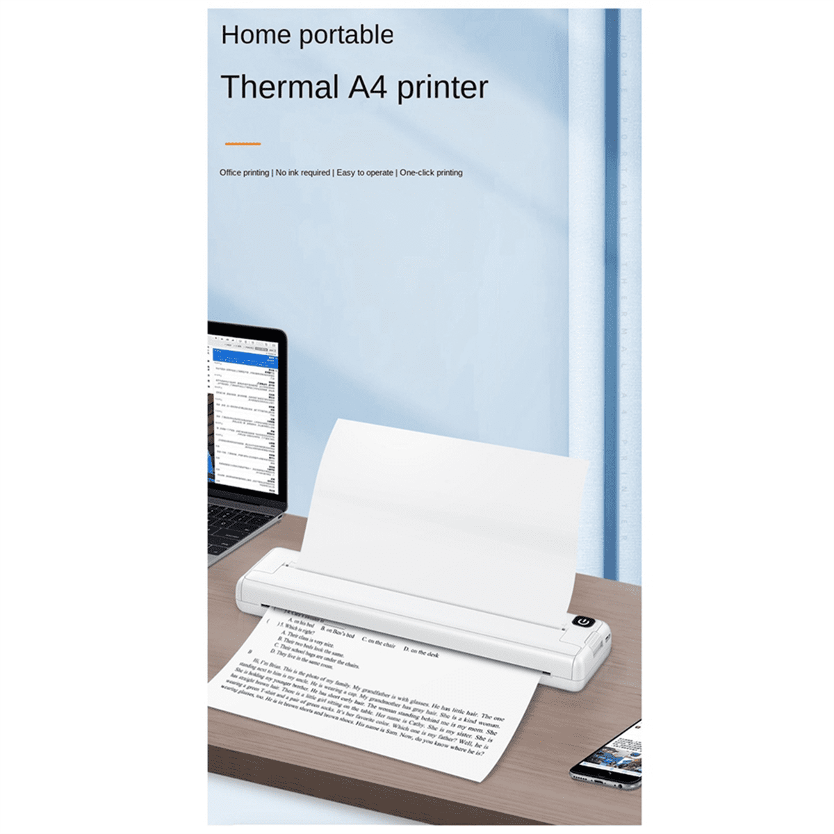 Printer Inkless Portable A4 Thermal Printer Portable Home Office Bluetooth Wireless Handheld Printer