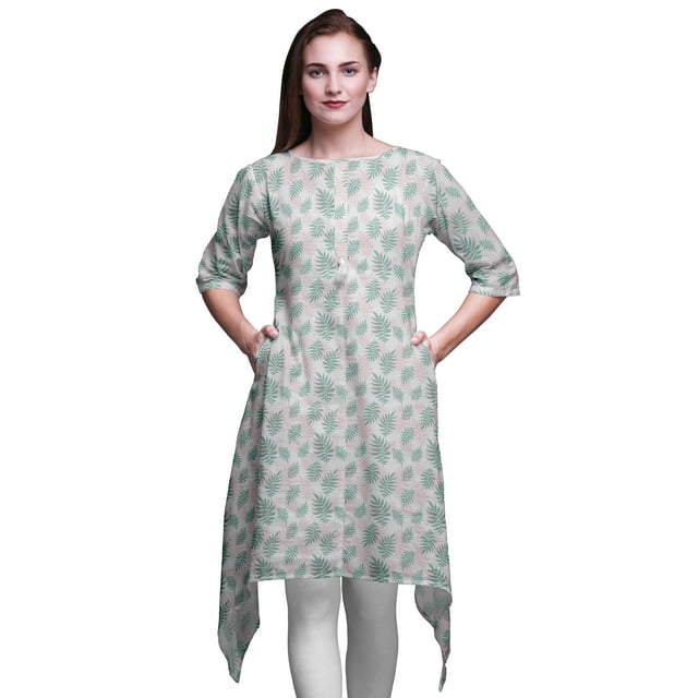 Bimba Hauts Blancs à Feuilles Artistiques Imprimées pour Femmes Kurti Asymétrique Robe d'Été pour Filles XXX-Large
