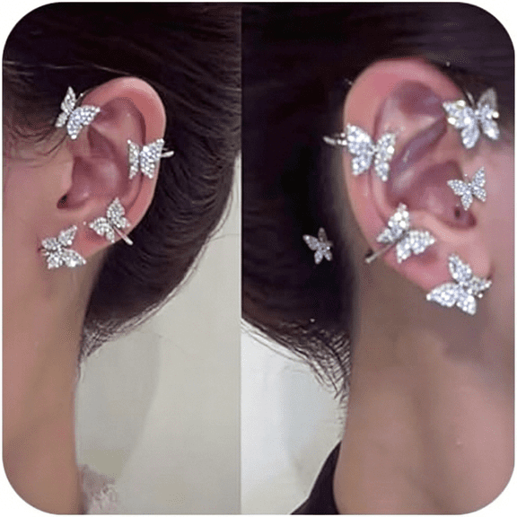 DESIGNICE 2Pcs Zircon Butterfly Ear Cuff Earrings for Women No Piercing Ear Clip Wrap Around Fake Earrings Crawler Rhinestone Wrap Earrings