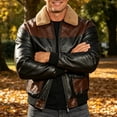 thumbnail image 5 of LODIENY Mens Removable Faux Shearling Collar Bomber Jacket Vintage Collared Color Block Leather Motorcycle Jackets for Fall Winter with Pockets Brown M, 5 of 9