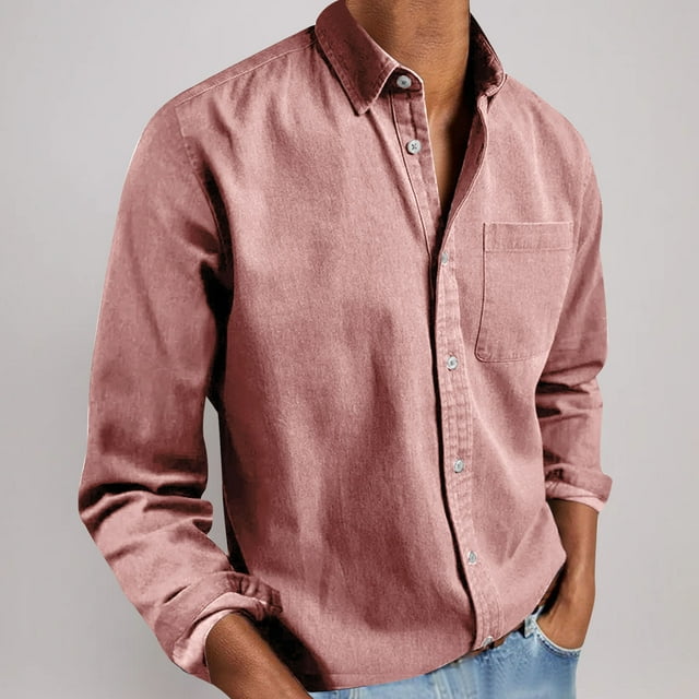 Blusa y camisa de manga larga con cuello vuelto para hombre, informal, lisa, de manga larga, con bolsillos, cuello vuelto y botones, blusa de poliéster para hombre