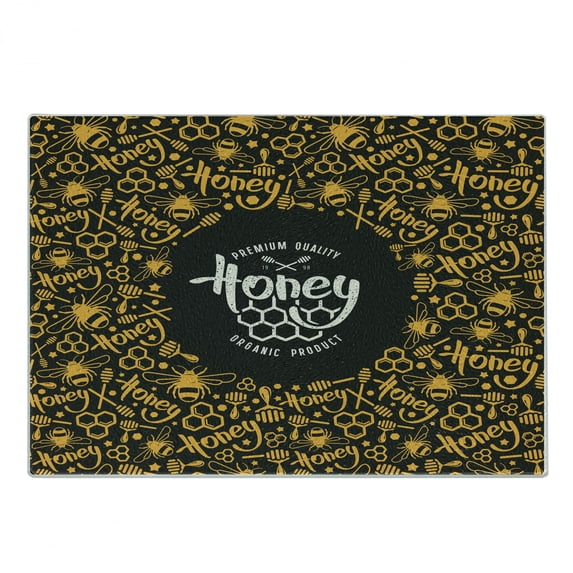 Honeycomb Cutting Board, Honey Themed Composition with Bees Hexagons and Lettering, Decorative Tempered Glass Cutting and Serving Board, in 3 Sizes, by Ambesonne