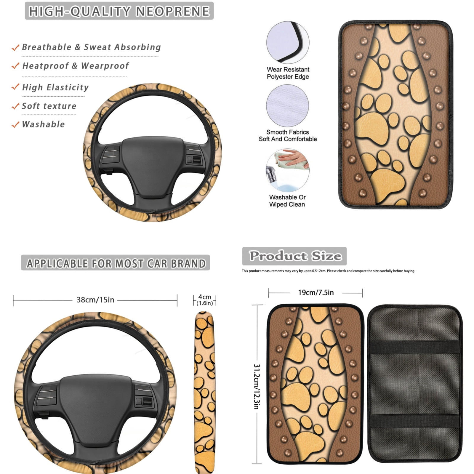 Jeiento Brown Paw Print Car Accessories Full Set Auto Seat Covers Floor Mats Steering Wheel Cover Armrest Cover Safety Belt Pad Cup Coasters Keychains 17 Pack Universal Fit for Most Vehicles