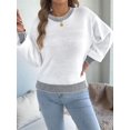 thumbnail image 4 of Women Casual Knit Crew Neck Contrast Striped Lantern Long Sleeve Loose Knit Pullover Sweater White M, 4 of 9