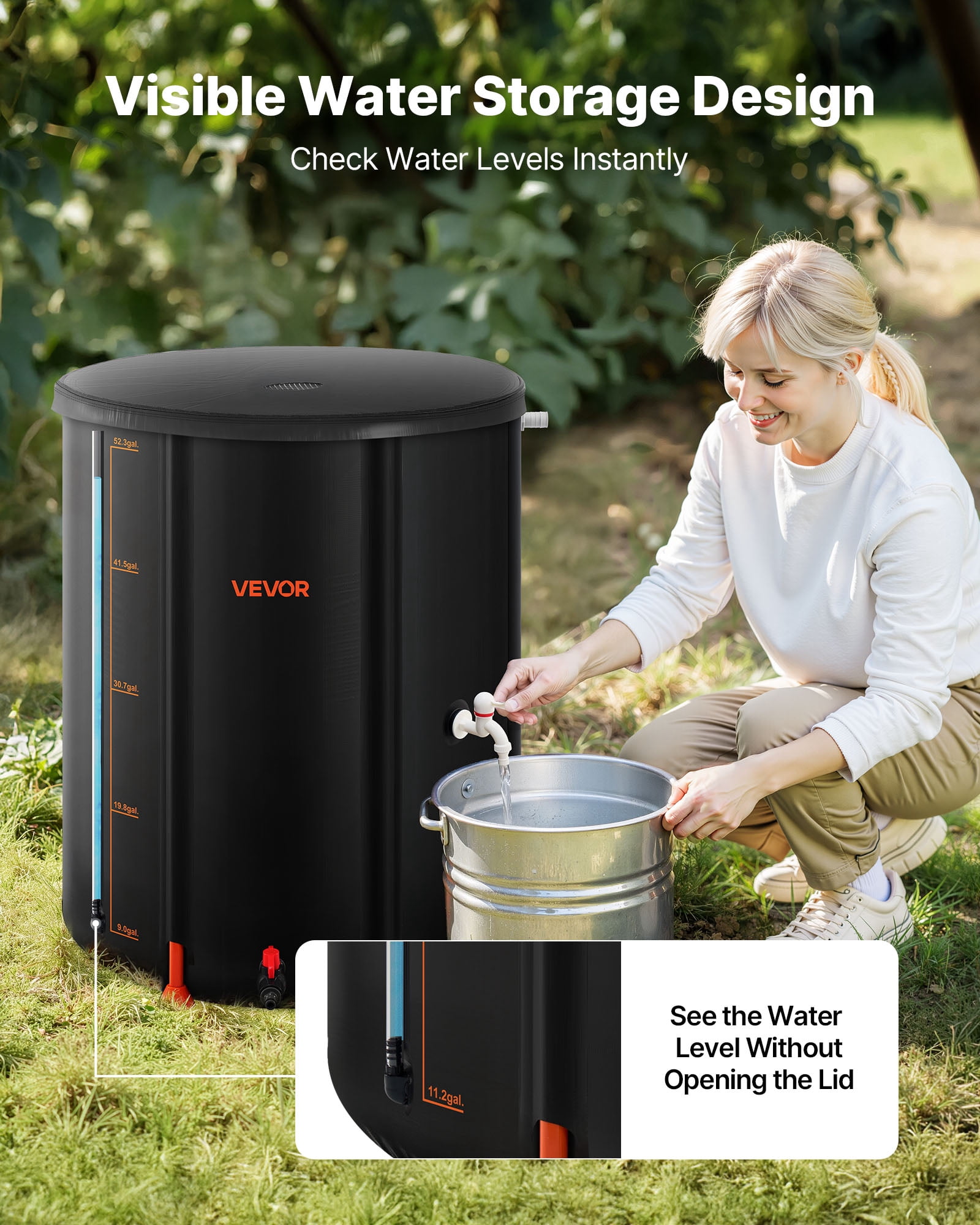 VEVOR Collapsible Rain Barrel, 53 Gallon Portable Rain Water Collection Barrel, 1000D PVC Rainwater Collection System, Garden Water Catcher Tank Storage Container with Spigot & Overflow Kit, Black