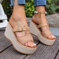 thumbnail image 2 of Platform Espadrilles for Women Peep Toe Slip on Slides Woven Braided T-Strap Wedge Sandals Backless High Heels Casual Summer Footwear Brown Size 6, 2 of 7