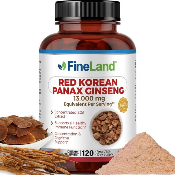 Fineland Vitamins RED Korean PANAX Ginseng 20x Extract 13,000mg Eq. Per Capsule, 5% Ginsenosides, Max Strength, 120 Count, 1 Pack