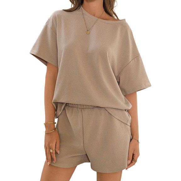 Short Sleeved 2 Pieces Waffle Knit Set Casual .loose Tops and Shorts Pants Lounge Sets