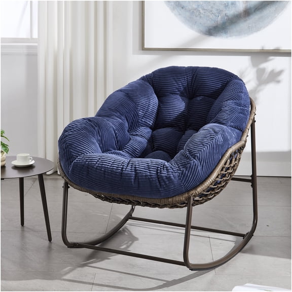 JERFIT Oversized Outdoor Rocking Chair with Padded Cushion, Navy Blue Patio Recliner for Porch, Garden & Living Room, Hand-Woven Rattan Egg Chair