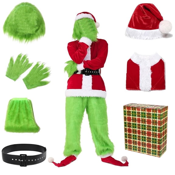 Christmas Santa Suit Green Costume 7pcs Regular Costume for Adults
