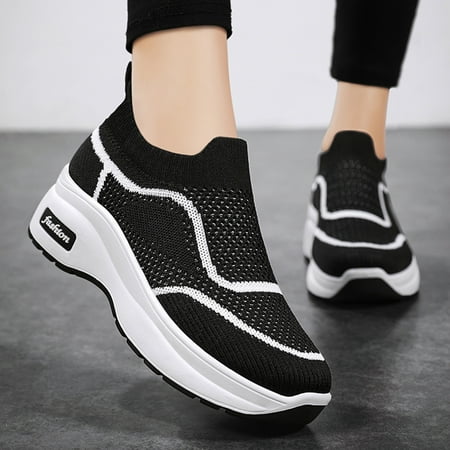 

XIAQUJ Fashion Spring and Summer Women Sports Shoes Thick Sole Middle Heel Slip on Mesh Breathable Colorblock Casual Style Women s Fashion Sneakers Black 8.5(41)