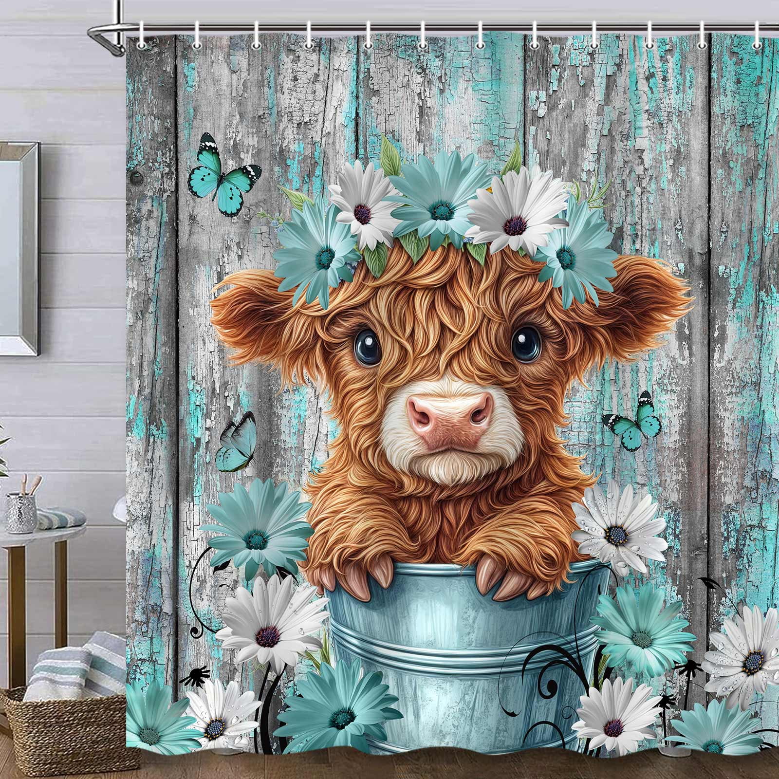 Funny Highland Cow Shower Curtain for Bathroom Decor, Teal Farm Teal Daisy Floral Flowers and Butterfly on Country Wooden Farmhouse Bath Curtain Country Animal Flower Waterproof 12 Hooks 54X72in