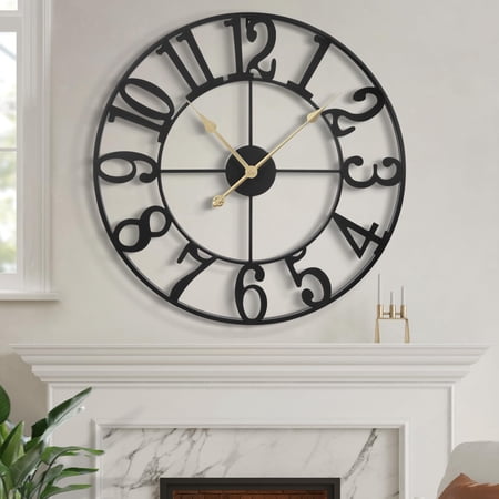 Arsvita 16 Inch Silent Non-Ticking Large Wall Clock, Retro Black Metal Battery Operated Decor Clock