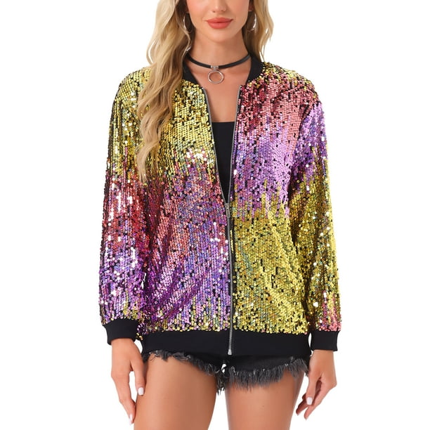 Chaquetas brillantes con lentejuelas INSPIRE CHIC para mujer, blazer con cremallera de manga larga, chaqueta bomber XS en rosa y amarillo