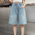 thumbnail image 2 of MEZZALL Child Girls Blue Solid Color Denim Shorts Summer Rhinestone Casual Five Quarter Length Pants Kids Vacation Bottoms, 2 of 9