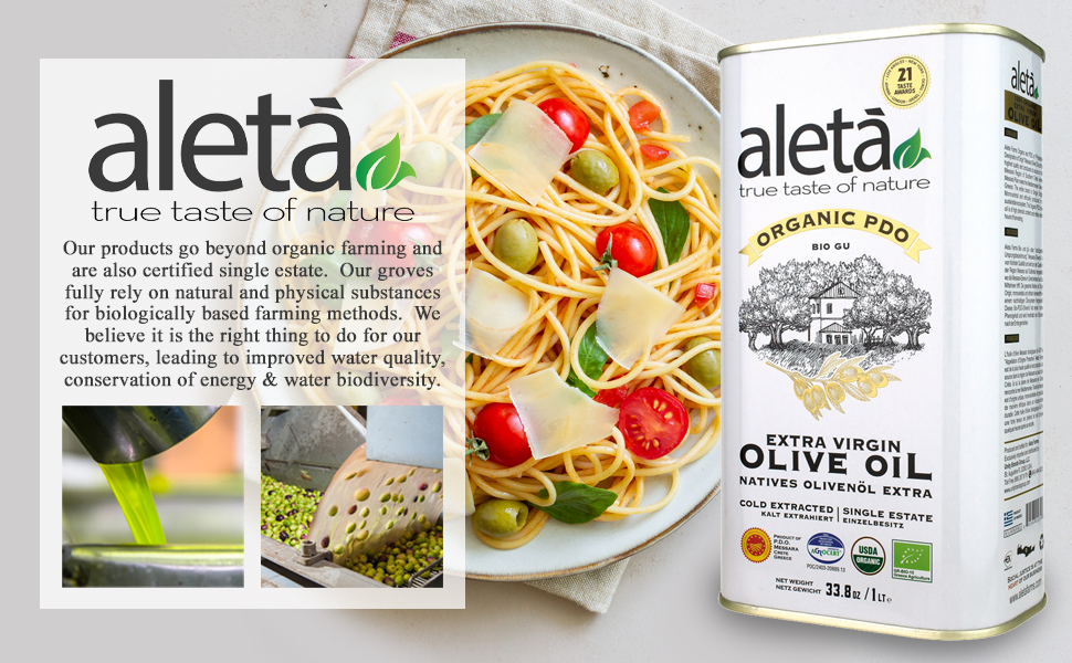 Aleta, Organic PDO Extra Virgin Olive Oil, Certified Single Estate Messara Valley Greece, Award-Winning First-Cold Press, Traceable & Kosher, 1 Lt (33.8 oz.) Tin