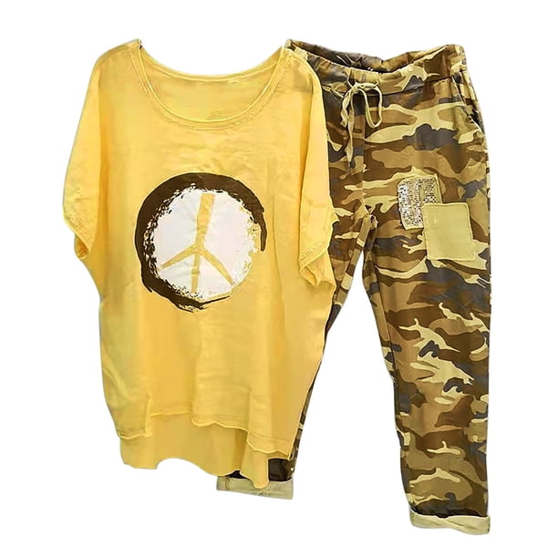 Conjunto de camiseta y pantalones con cuello redondo y media manga para mujer Wmkox8yi bvn1478