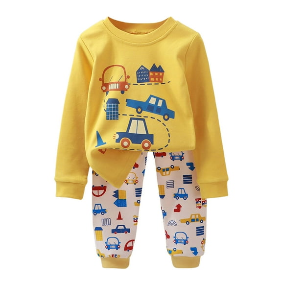 AJIWYH Pajamas Boys,Children's Homewear Car Cartoon Printed Long Sleeve Boys Pajamas Autumn And Winter Warm Pajamas for Boy Boys Pajamas Size 14-16 Yellow,3-4 Years