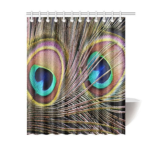 Peacock Feather Design Polyester Fabric Shower Curtain Bath Mat Bathroom Decor