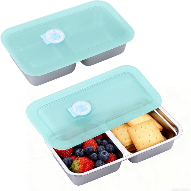 Lot de 2 Contenants à Collation en Acier Inoxydable avec Couvercles, Boîte à Collation Réutilisable à 2 Compartiments Étanche, Contenants de Préparation de Repas pour Usage Familial, Déjeuner, Sauce et Trempettes, Stockage Alimentaire, Voyage et Extérieur