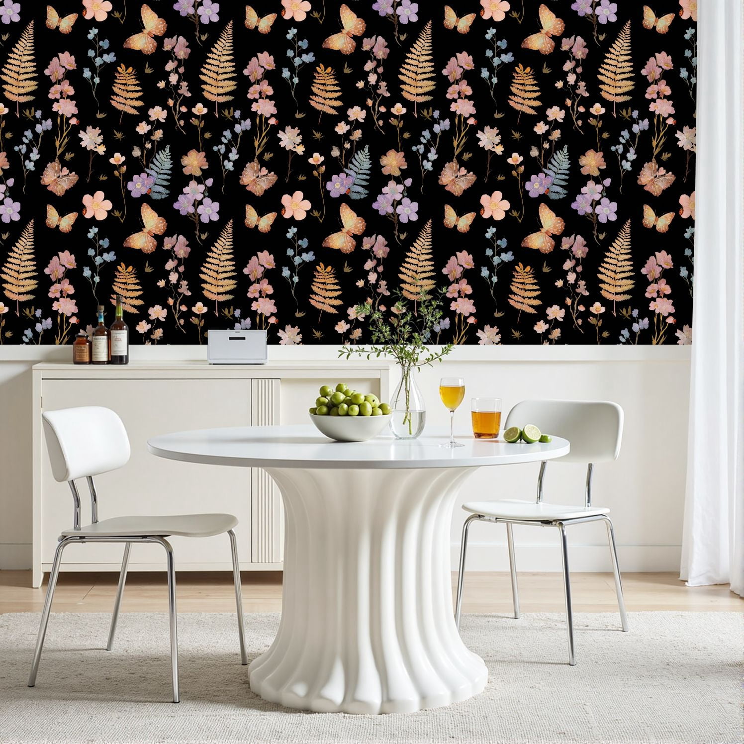 Peel and Stick Wallpaper Watercolor Floral Butterfly Black 17.7in x 118in Contact Paper Removable Self Adhesive Wall Mural Wall Decor for Bedroom Kitchen Cabinets