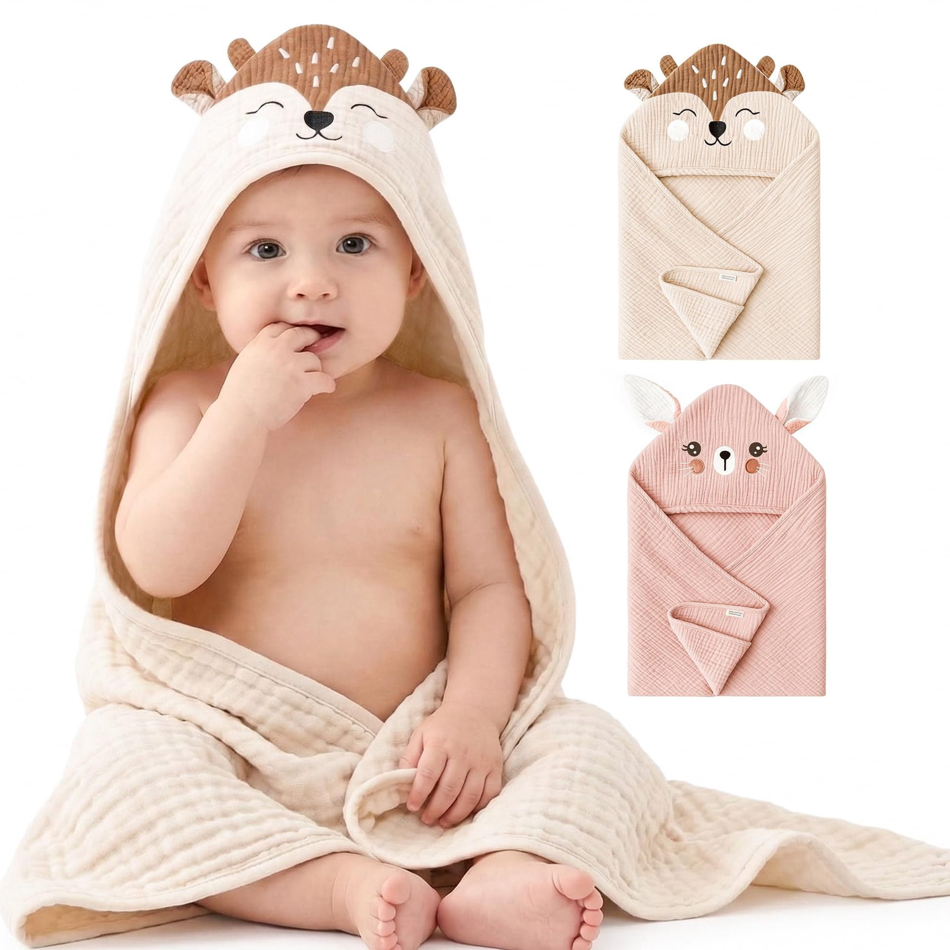 WIBACKER Baby 100% Cotton Muslin Cartoon Hooded Bath-32 x 32 Inches Towels Soft & Absorbent Bath Towel for Newborn Infant Essential Baby Gift