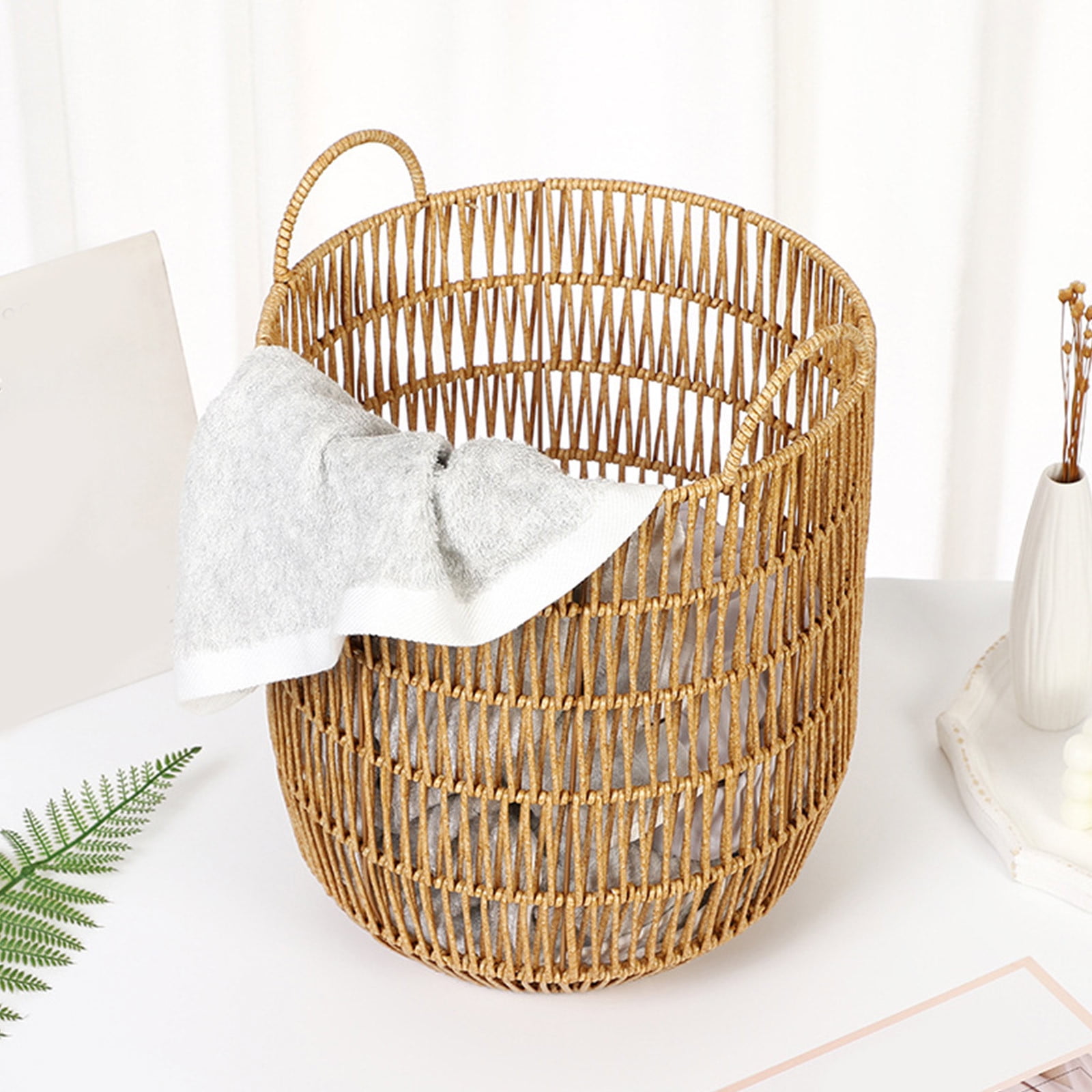 LIERTOUR Laundry Basket Large Dirty Clothes Storage Bin Imitation Rattan Woven Hamper Home Organization Light Floral Pattern Decor 11.8in x 16.1in Round Household Utility Yellow