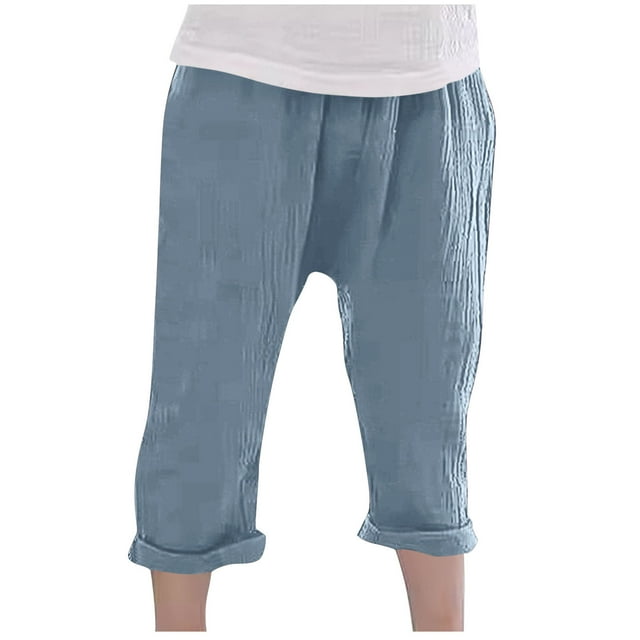 Odeerbi 1-11 Años Niños Niñas Algodón Lino Pantalones Recortados Verano Color Sólido Drop Crotch Pantalones Arrugados Pantalones Transpirable Ligero