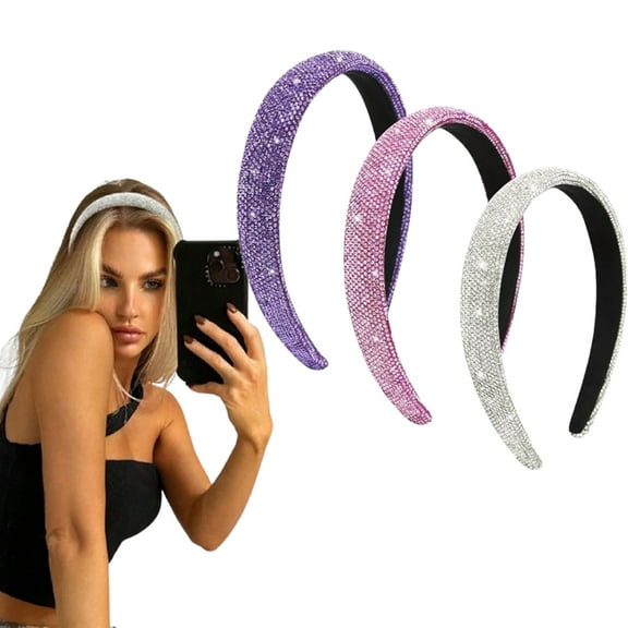 3Pcs Glitter Rhinestone Headbands for Women, Sparkly Bling Elastic Headband Non-Slip Comfortable, Crystal Hair Band for Wedding Party Birthday Gift