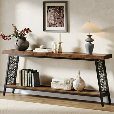 Tribesigns 70.9" Console Table, 2-Tier Extra Long Sofa Table, Industrial Entryway Table Behind Couch, Narrow Hallway Table Entrance Table for Living Room, Rustic Brown & Black