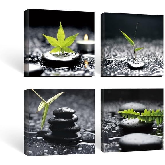 Framed Wall Art Bathroom Decor Black and White Canvas Paintings Green Pictures Zen Stone Spa 4 Piece,12x12 in